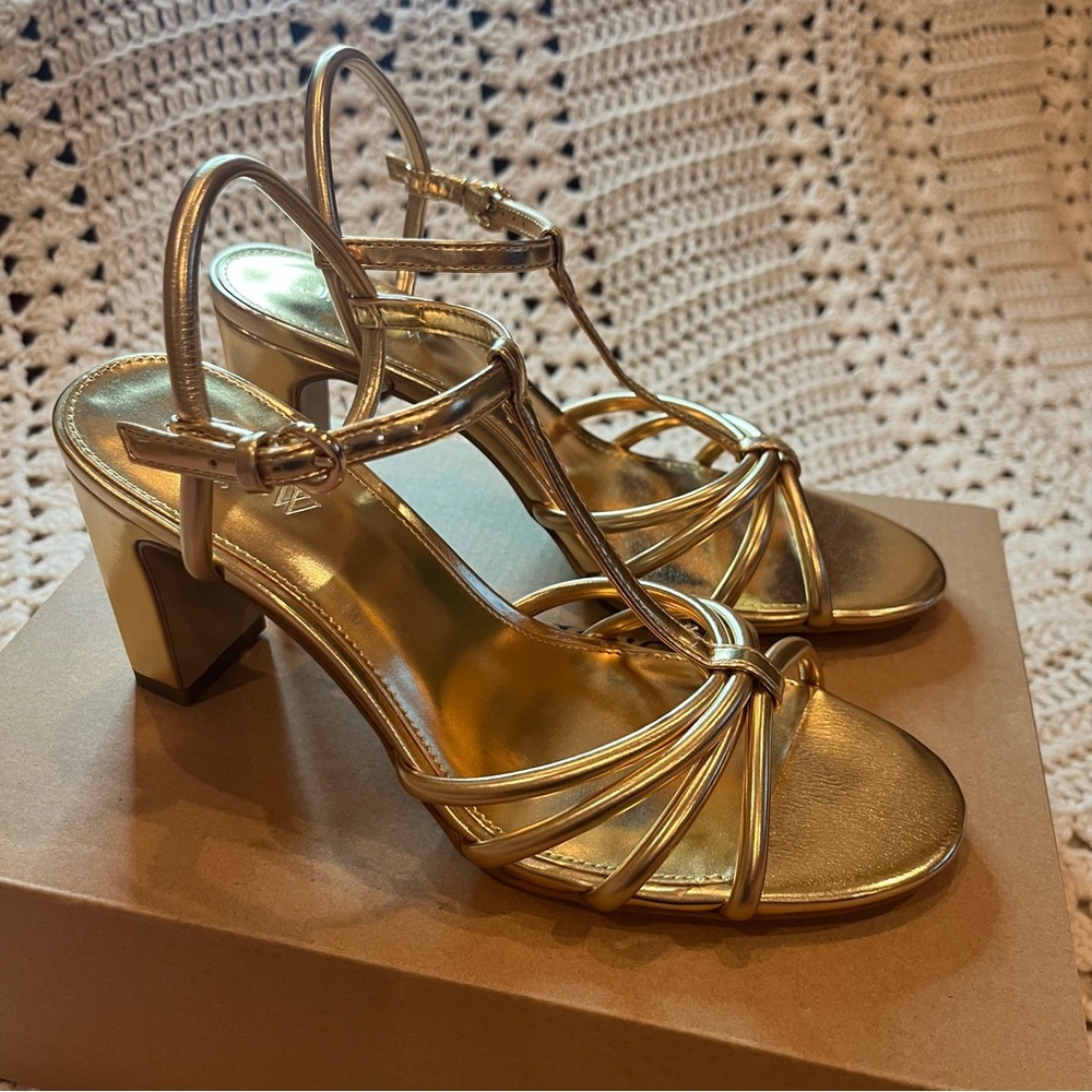 J. Crew Factory Sunkissed Metallic Gold T-Strap Heels Size 8 New in Box - Picture 5 of 11